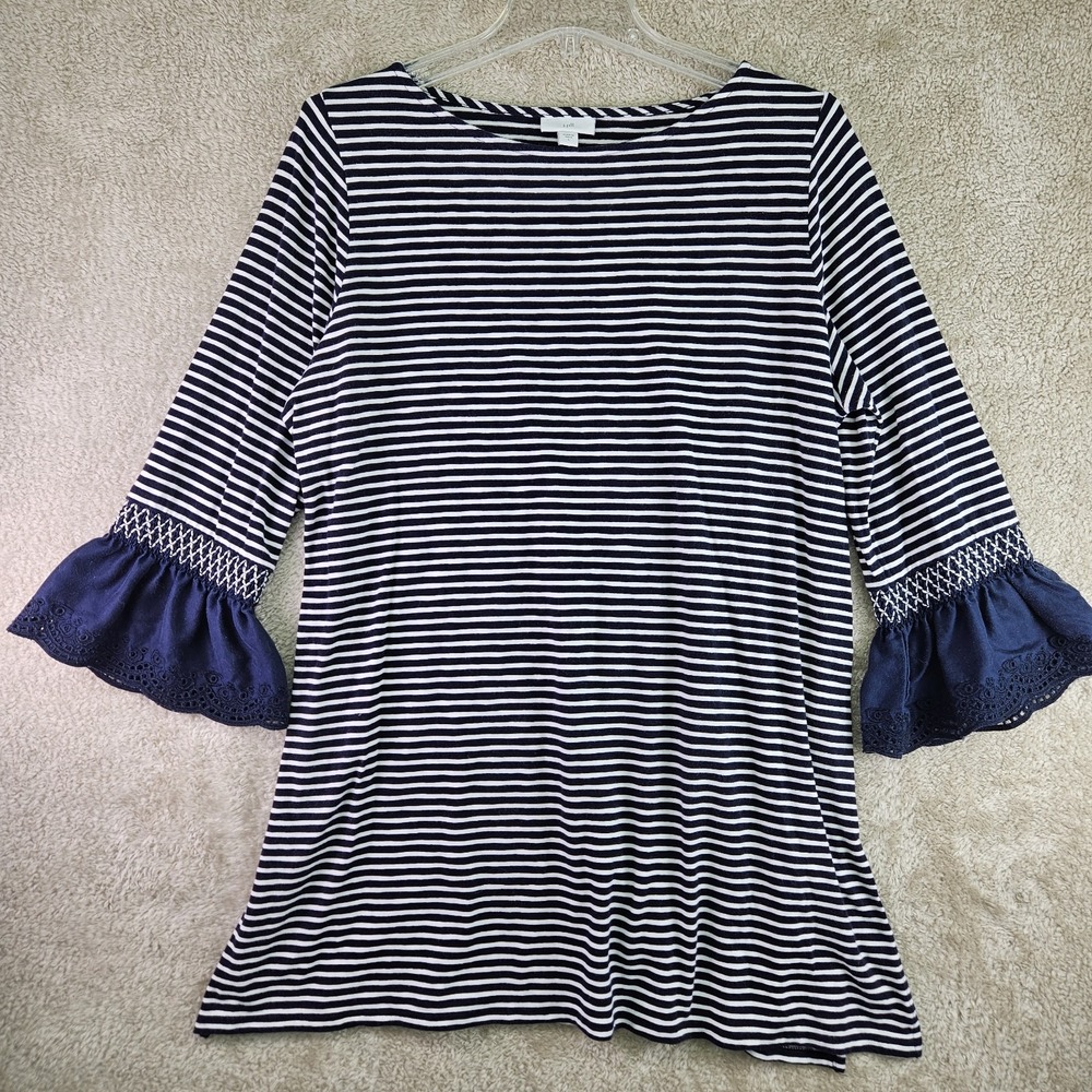 J. Jill L Navy Blue White Stripe Tunic Top Ruffle Bell Sleeve Cotton Modal Knit